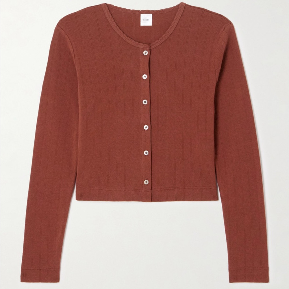 NWT Leset Scalloped Pointelle-knit Cotton Cardigan, Cinnamon